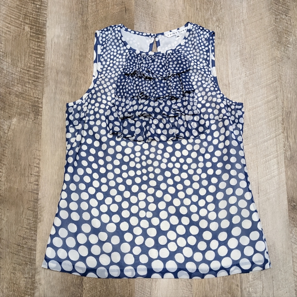 Trina Turk Navy Blue and White Polka Dot Blouse Ruffle Chest Size Medium